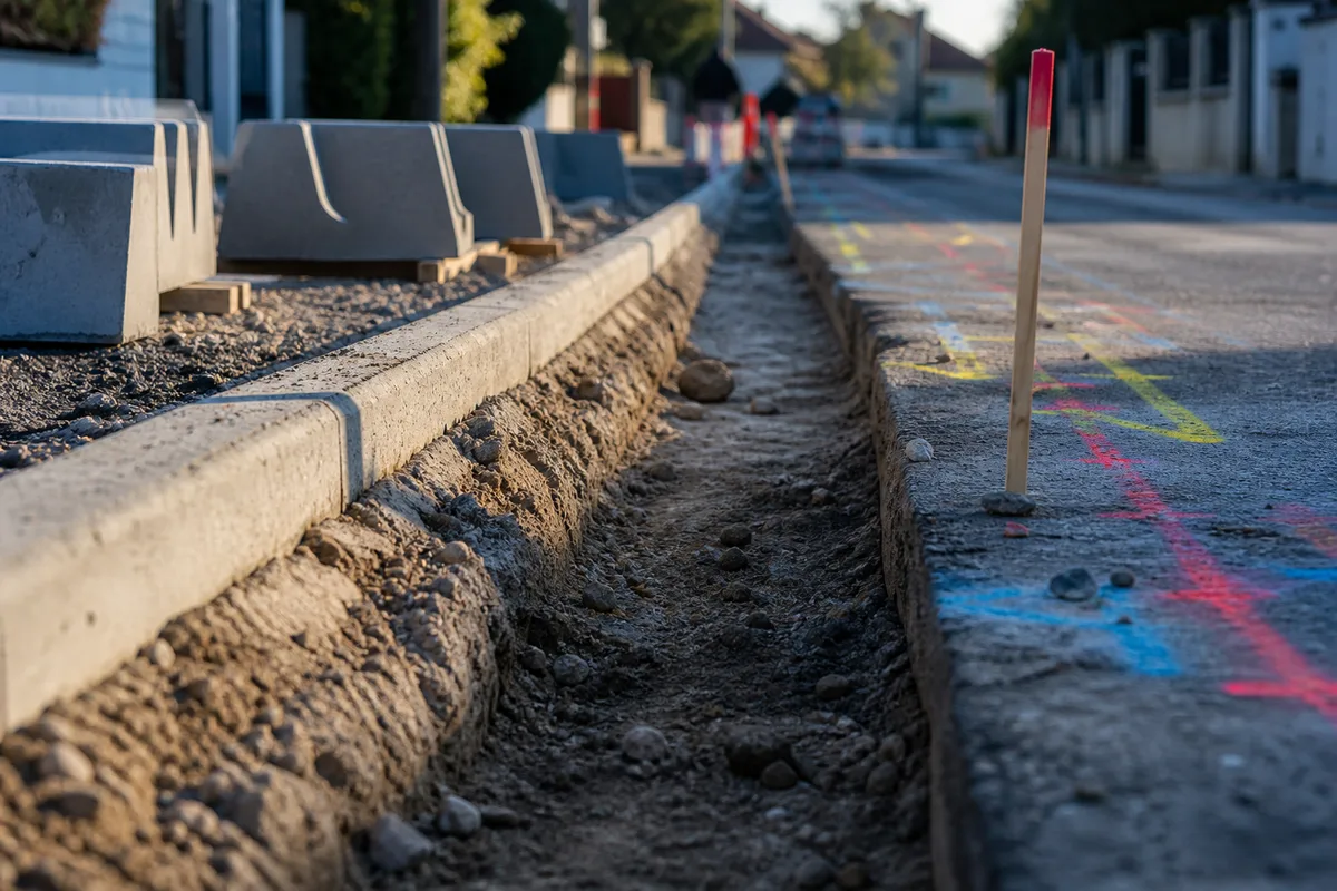 Vue d’un chantier de voirie et réseaux divers avec tranchée ouverte et engins de terrassement