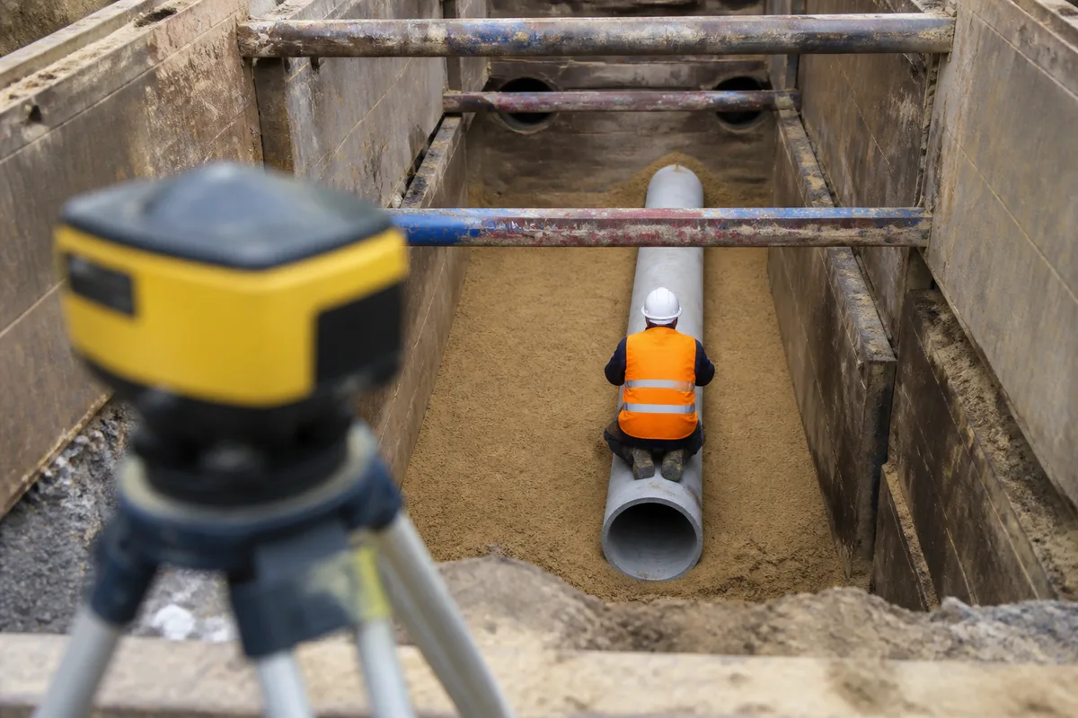 Ouvrier réglant la pente d’une canalisation dans une tranchée avant remblayage