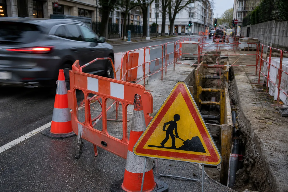 Signalisation temporaire et balisage protégeant une tranchée en bord de chaussée