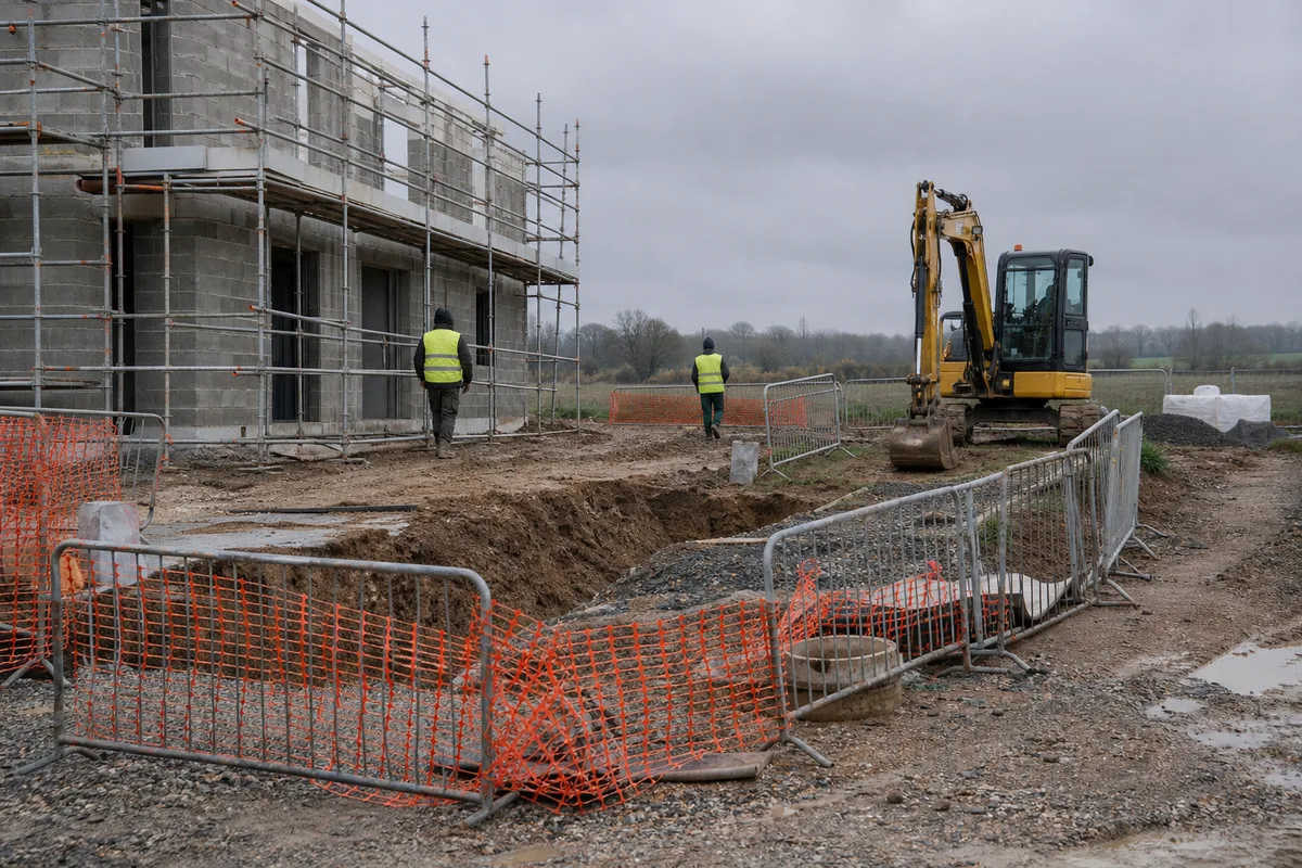 Chantier de gros œuvre avec plusieurs corps d’état qui travaillent en coactivité, engin de terrassement et échafaudage