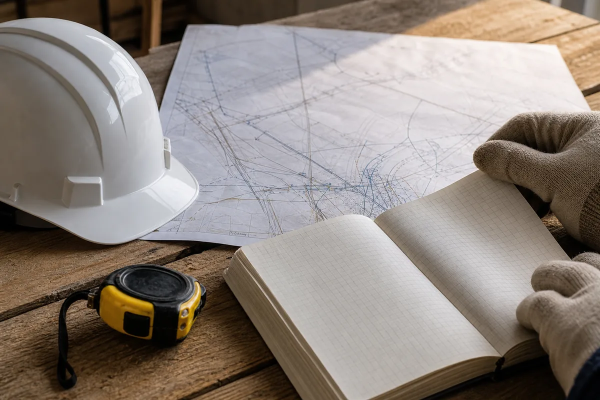 Casque de chantier posé sur des plans de réseaux et un registre-journal de coordination, lumière naturelle