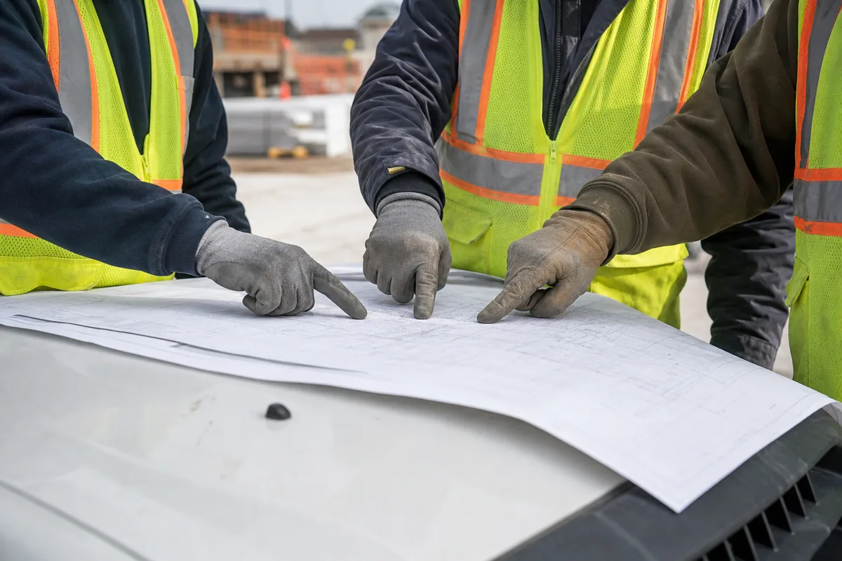 Réunion de chantier autour d’une table, mains désignant un plan de phasage, gilets haute visibilité