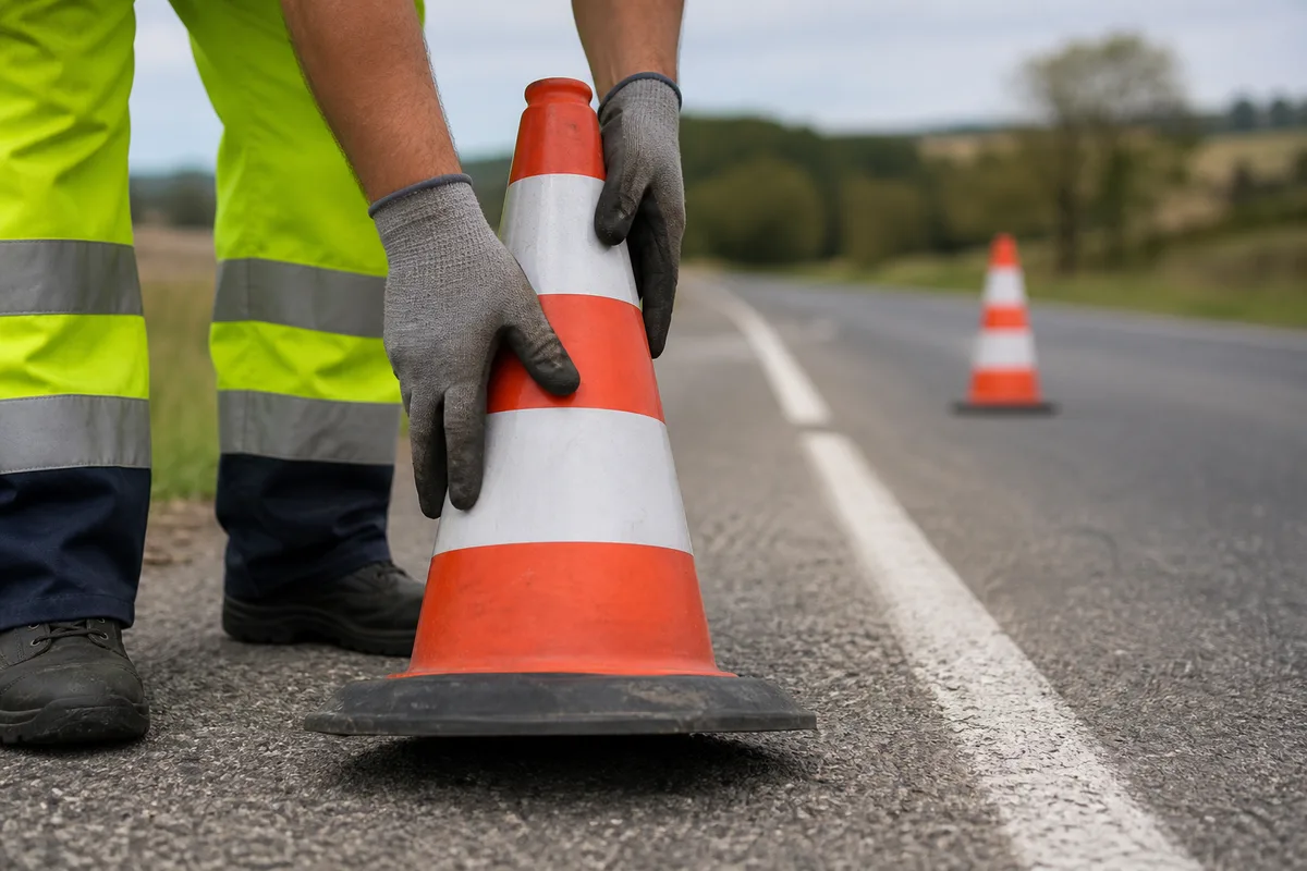 Mains gantées posant un cône de balisage sur une route départementale française