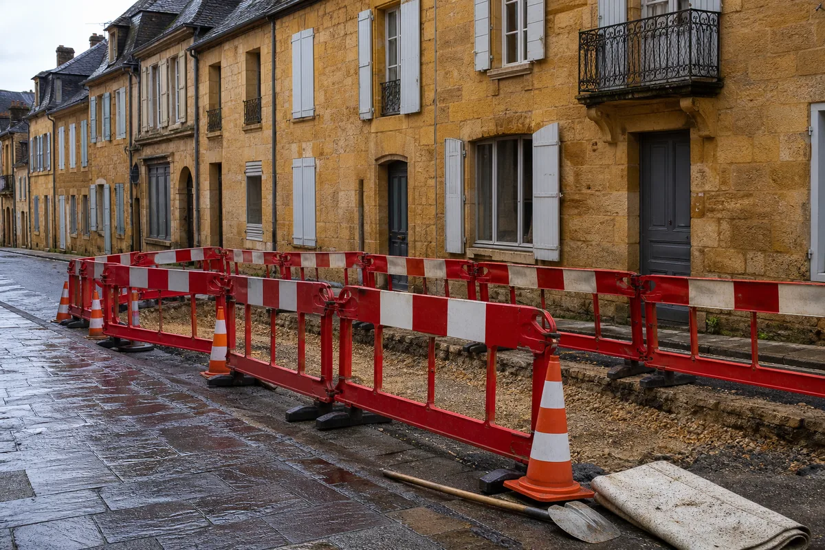 Barrière rayée et cônes ceinturant une tranchée ouverte dans une rue française
